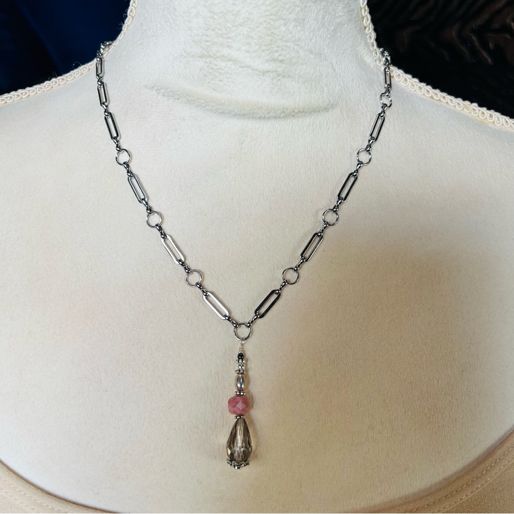 Handcrafted rutilated quartz rhodonite elbaite pendant on paper clip chain